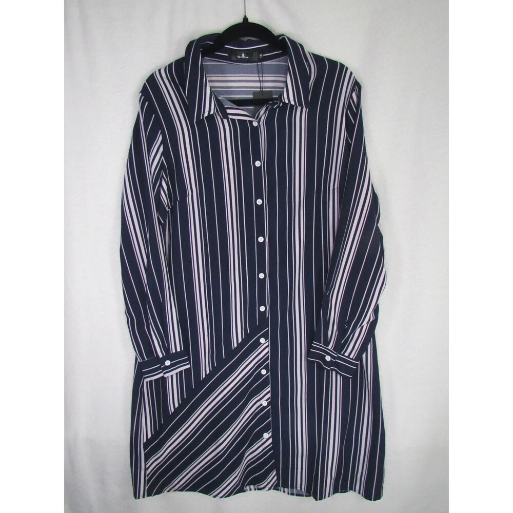 Agnes Orinda Shirt Dress 1X Blue White Striped Long Sleeve Button Front NWT